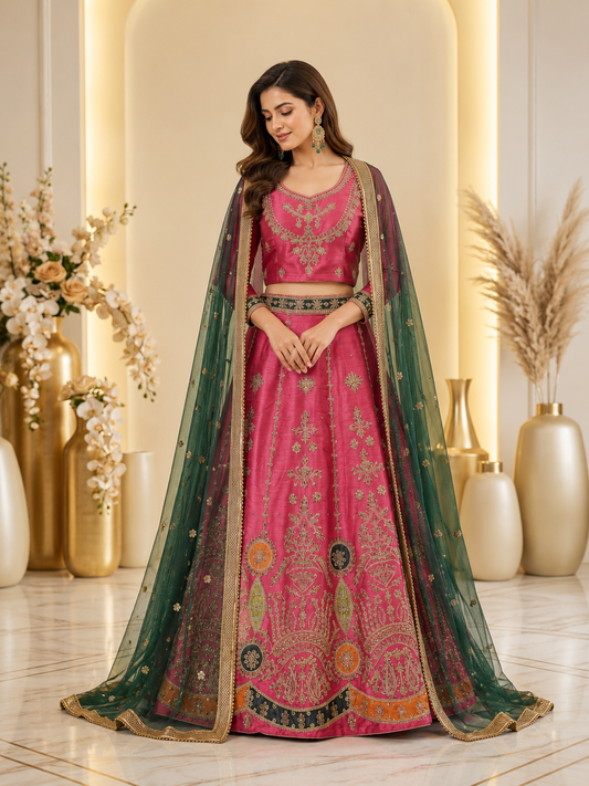 Royal Pink & Emerald Green Embroidered Mehndi Lehenga