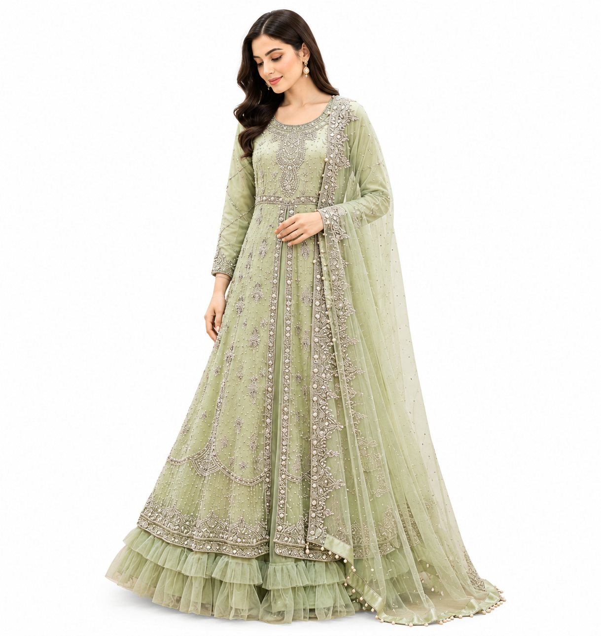 Mint Green Pearl Embroidered Maxi – Luxury Net & Ruffle Ensemble ✨💚