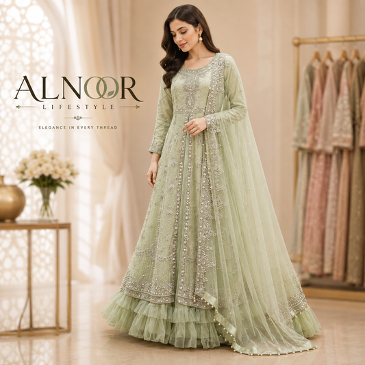 Mint Green Pearl Embroidered Maxi – Luxury Net & Ruffle Ensemble ✨💚