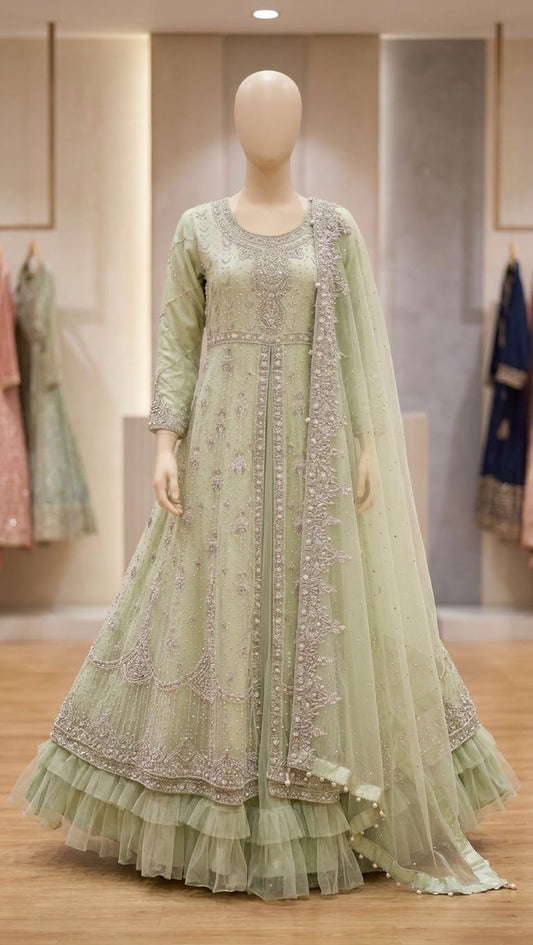 Mint Green Pearl Embroidered Maxi – Luxury Net & Ruffle Ensemble ✨💚