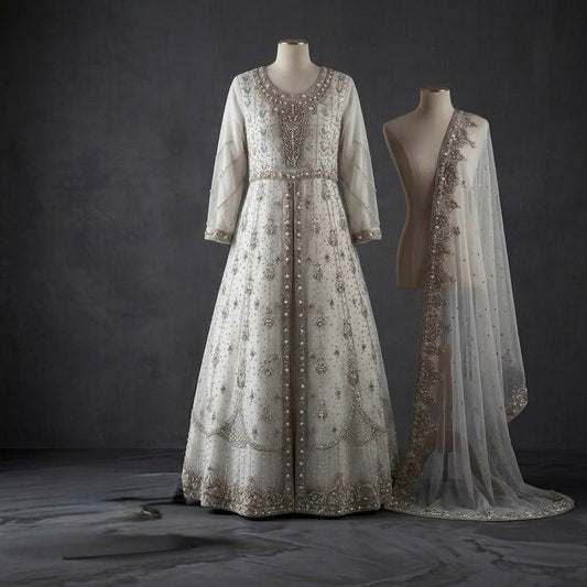 Pearl White Handwork Maxi – Luxury Net Ensemble ✨