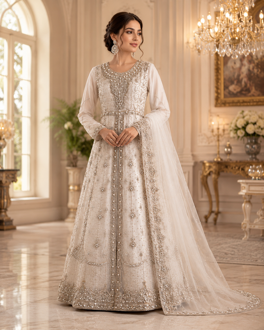 Pearl White Handwork Maxi – Luxury Net Ensemble ✨