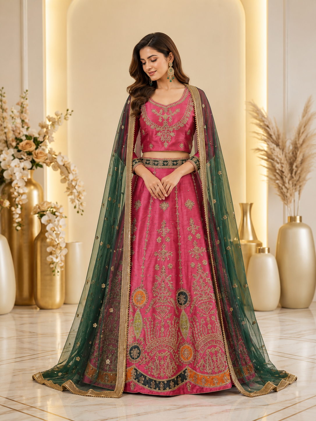 Royal Pink & Emerald Green Embroidered Mehndi Lehenga