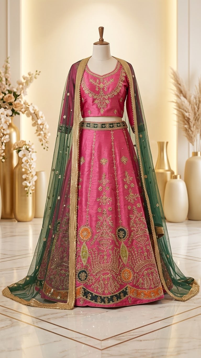 Royal Pink & Emerald Green Embroidered Mehndi Lehenga