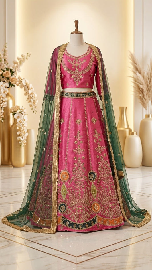Royal Pink & Emerald Green Embroidered Mehndi Lehenga