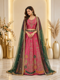 Royal Pink & Emerald Green Embroidered Mehndi Lehenga