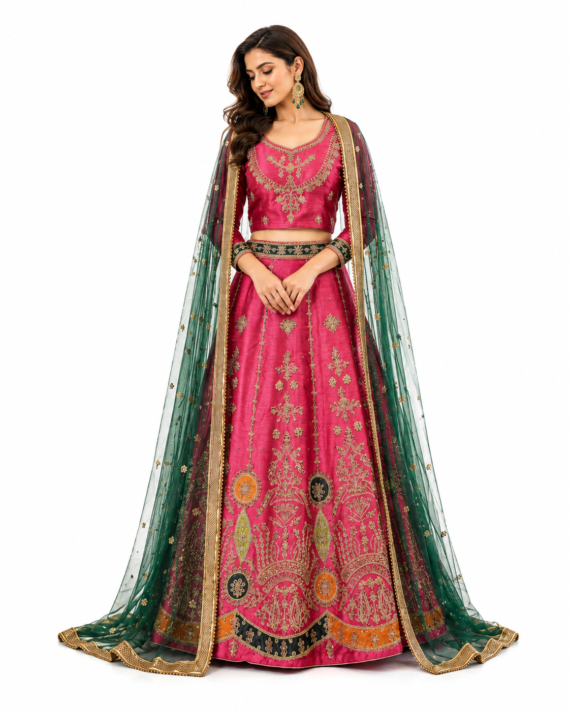 Royal Pink & Emerald Green Embroidered Mehndi Lehenga