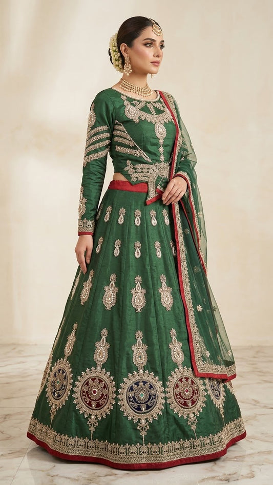 Emerald Green Tussel Silk Mehndi Lehenga